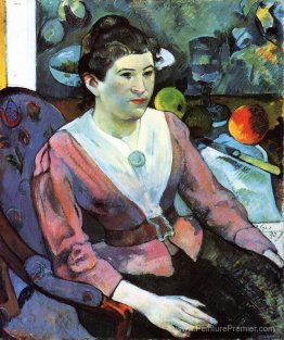 Portrait de femme contre la nature morte de Cezanne avec des pom