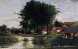 Paysage d'automne (ferme et étang)