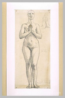 Femme nue debout, vue avant, mains jointes devant la poitrine