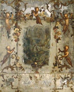 Miroir décoré de putti, de fleurs et de rouleaux acanthus