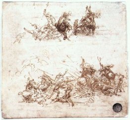 Page d'un cahier montrant des figures de combat à cheval et à pi