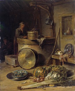 Intérieur paysan avec femme à un puits