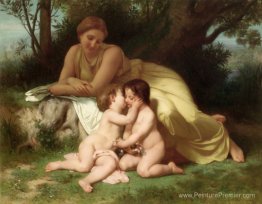Jeune femme contemplant deux enfants embrassant