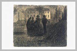 Groupe de figures devant une maison et quelques arbres