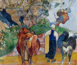 Femme paysanne et vaches dans un paysage