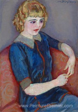 Fille à un canapé rouge