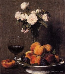 Nature morte avec des roses, des fruits et un verre de vin