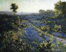 Champ de Bluebonnets du Texas et de cactus de la figue de Barbar