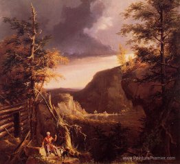 Daniel Boone assis à la porte de sa cabine sur le grand lac Osag