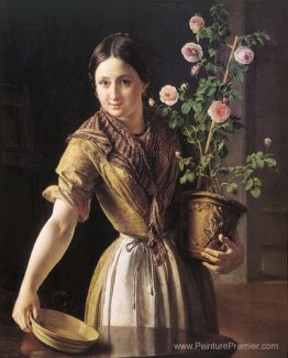 Une fille avec une casserole de roses