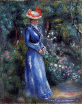 Femme dans une robe bleue, debout dans le jardin de Saint Cloud