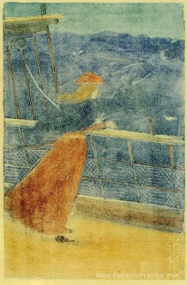 Femme sur le pont des navires, regardant la mer (également connu