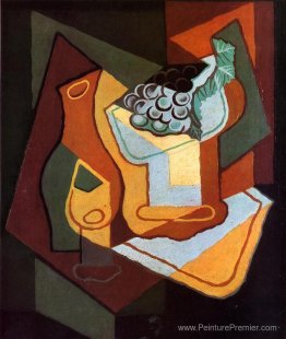 Bouteille, verre à vin et bol aux fruits