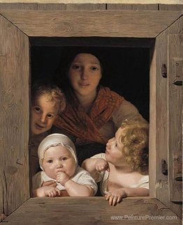 Jeune femme paysanne avec trois enfants à la fenêtre