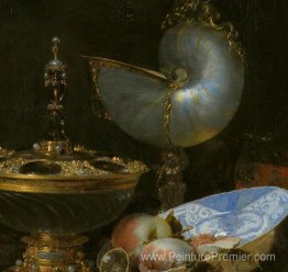 Nature morte avec bol Holbein, tasse Nautilus, gobelet en verre