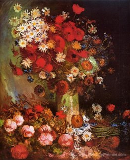 Vase avec coquelicots, canons de maïs, pivoines et chrysanthemum