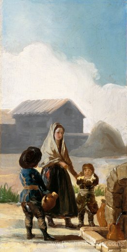 Une femme et deux enfants par une fontaine