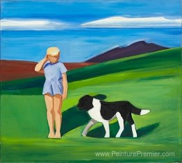 Garçon et chien dans un paysage islandais