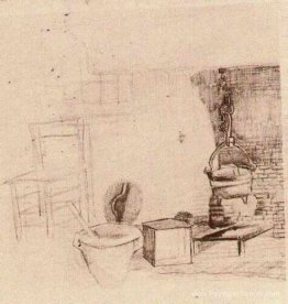 Croquis inachevé d'un intérieur avec une casserole au-dessus du