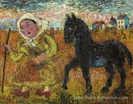 Femme en robe jaune avec cheval noir