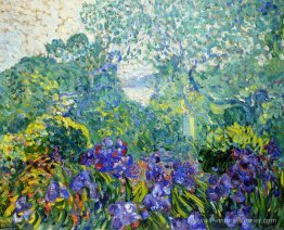 Paysage avec des iris violets