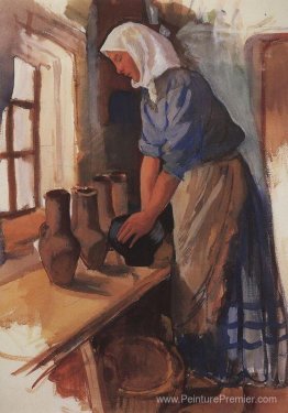 Femme paysanne avec des pots