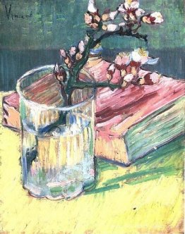 Branche d'amande en fleurs dans un verre avec un livre