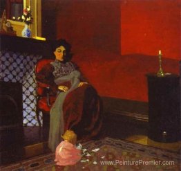 Room rouge intérieur avec femme et enfant