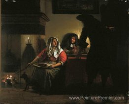 Intérieur avec deux gentleman et une femme à côté d'un feu