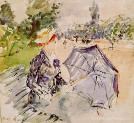 Dame avec un parasol assise dans un parc