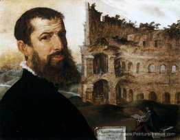 Autoportrait du peintre avec le colosseum en arrière-plan