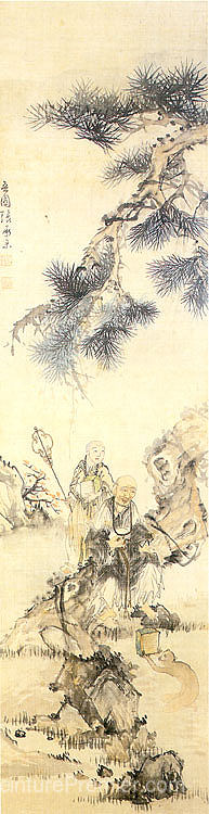 Peinture d'un vieux moine sous le pin