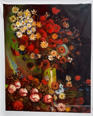 Vase avec coquelicots, canons de maïs, pivoines et chrysanthemum