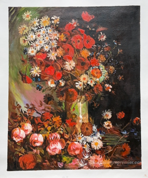 Vase avec coquelicots, canons de maïs, pivoines et chrysanthemum